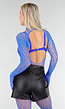 Blauwe Mesh Bodystocking met Lange Mouwen en Open Rug