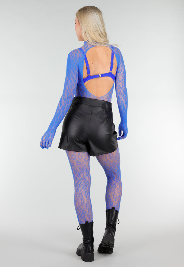 Blauwe Mesh Bodystocking met Lange Mouwen en Open Rug