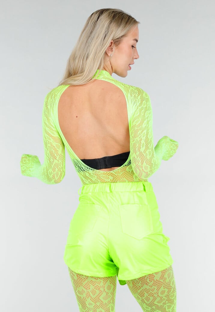 Neon Groene Transparante Fishnet Bodystocking met Open Rug
