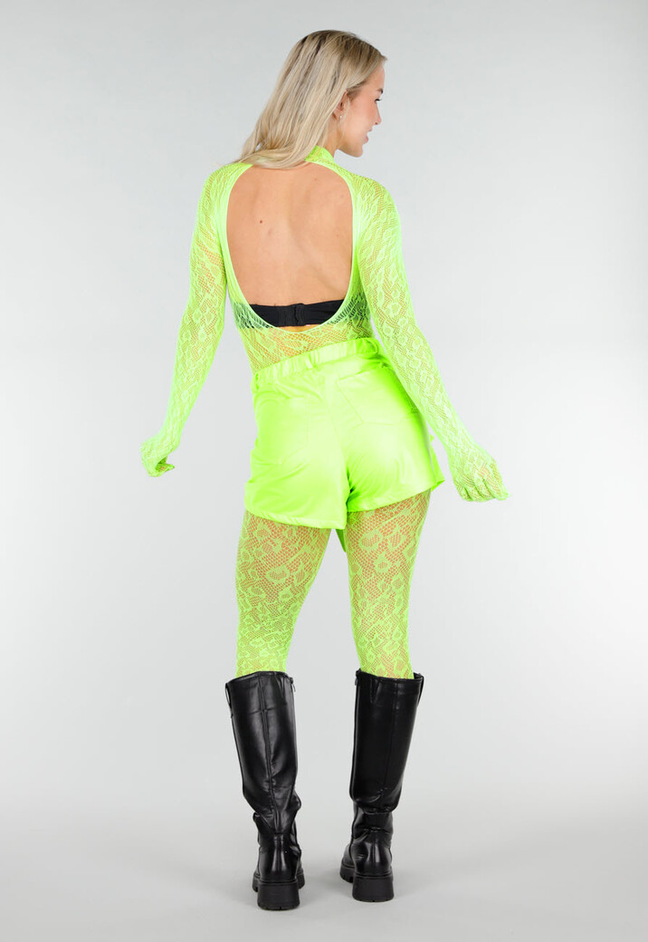 Neon Groene Transparante Fishnet Bodystocking met Open Rug