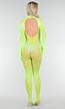 Neon Groene Transparante Fishnet Bodystocking met Open Rug
