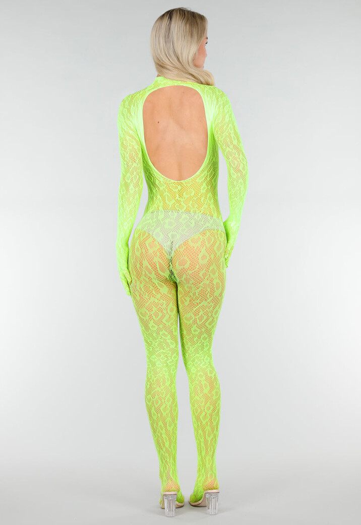 Neon Groene Transparante Fishnet Bodystocking met Open Rug