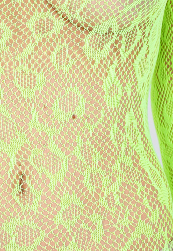 Neon Groene Transparante Fishnet Bodystocking met Open Rug