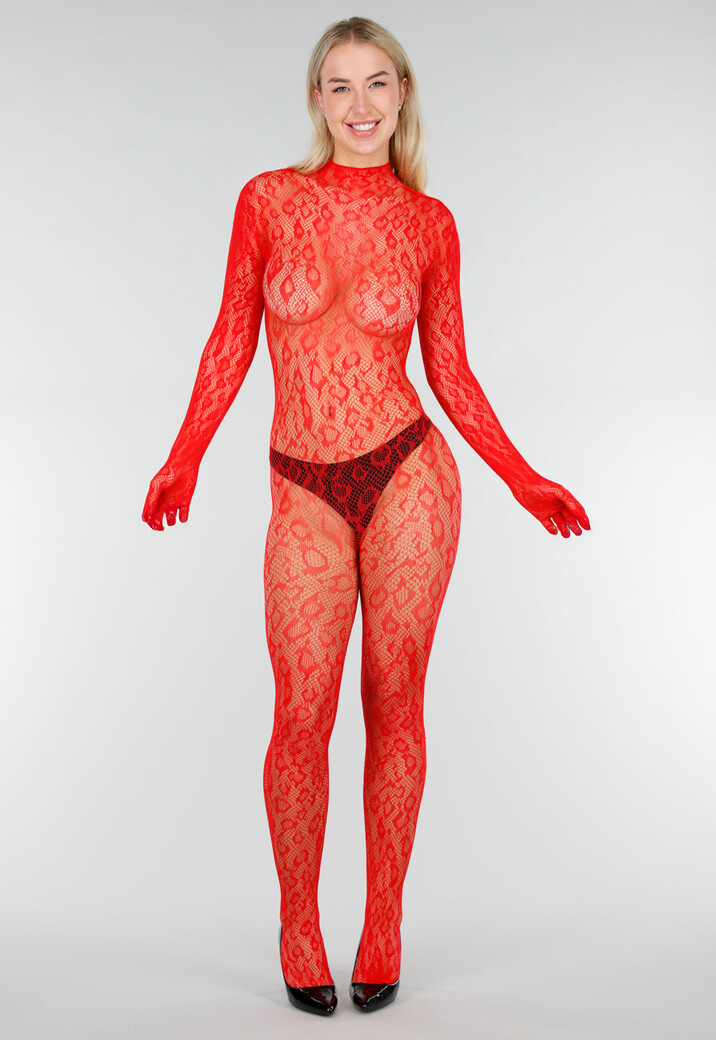 Rode Mesh Bodystocking met Open Rug en Stretch