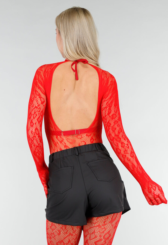 Rode Mesh Bodystocking met Open Rug en Stretch