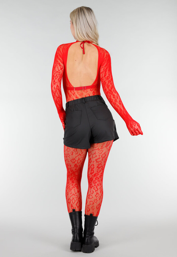 Rode Mesh Bodystocking met Open Rug en Stretch