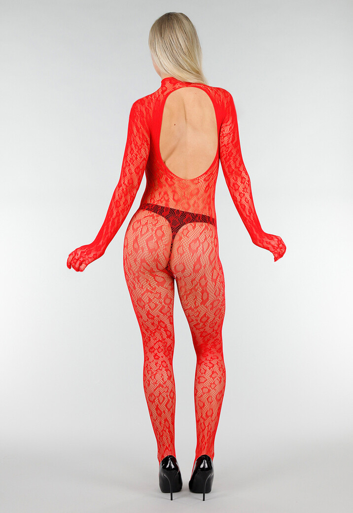 Rode Mesh Bodystocking met Open Rug en Stretch