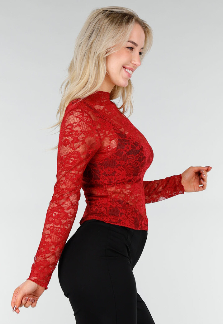 Rode Kanten Mesh Top met Lange Mouwen en Col