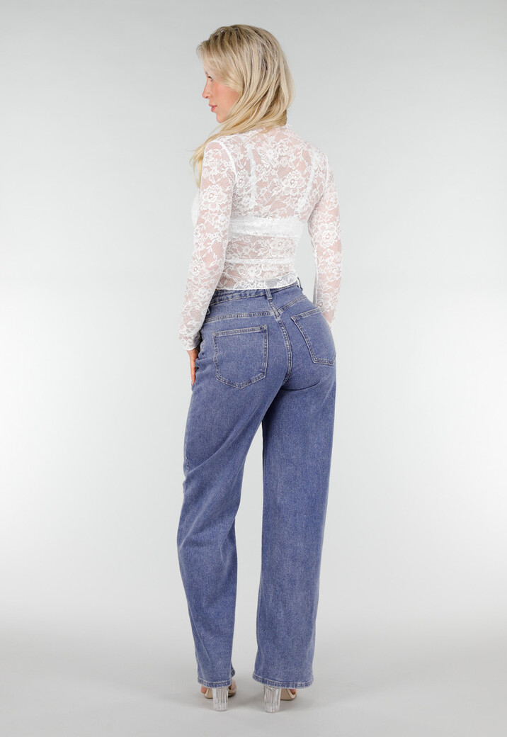 Witte Kanten Mesh Top met Stretch en Col