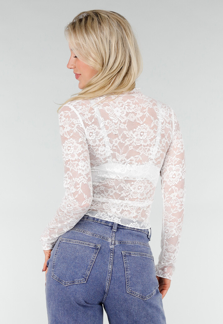 Witte Kanten Mesh Top met Stretch en Col