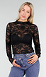 Zwarte Kanten Mesh Top met Lange Mouwen en Col