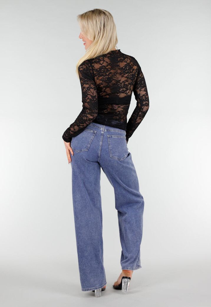 Zwarte Kanten Mesh Top met Lange Mouwen en Col