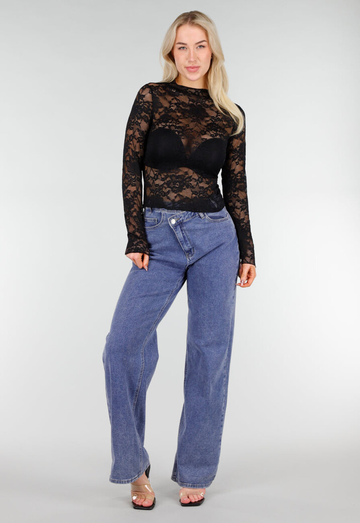 Zwarte Kanten Mesh Top met Lange Mouwen en Col