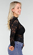 Zwarte Kanten Mesh Top met Lange Mouwen en Col