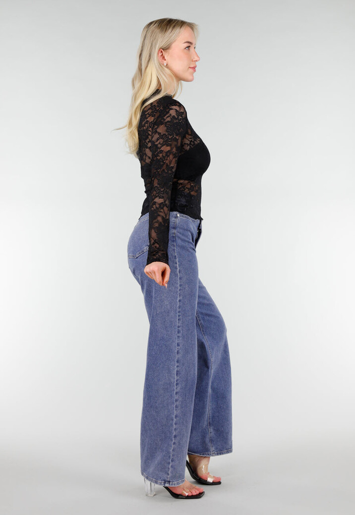 Zwarte Kanten Mesh Top met Lange Mouwen en Col