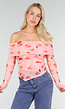 Roze Off Shoulder Mesh Top met Bloemenprint