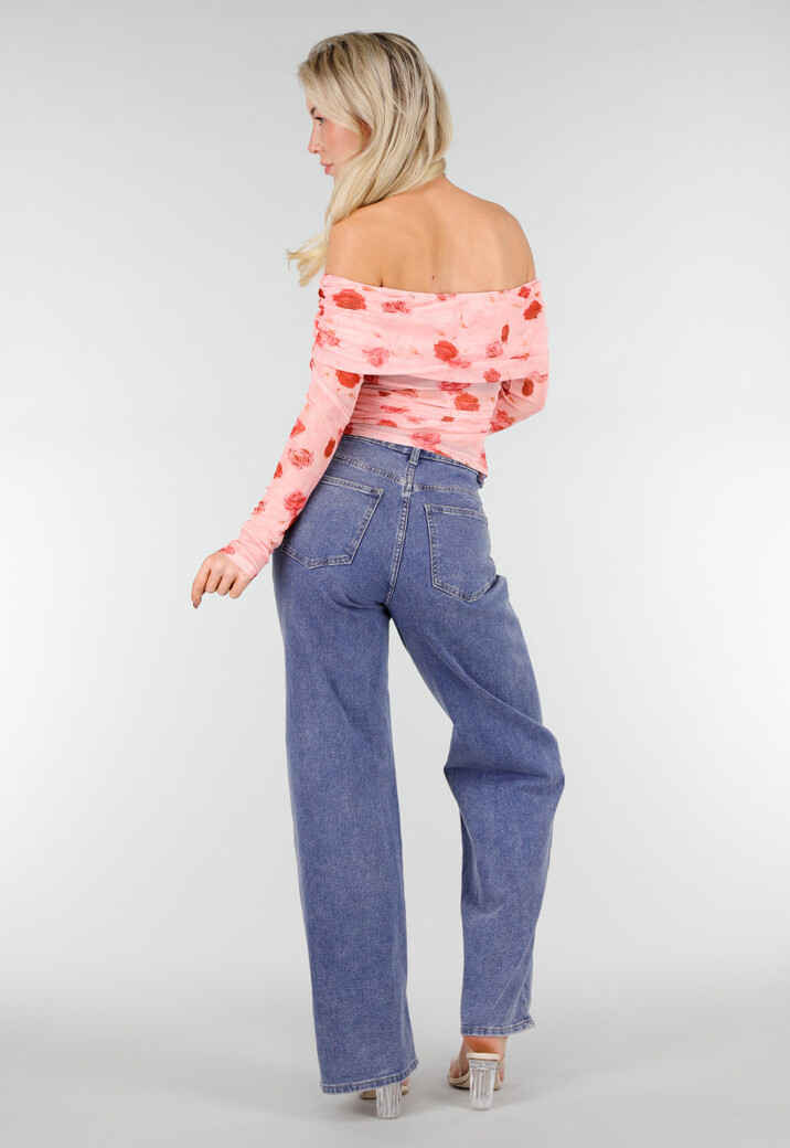 Roze Off Shoulder Mesh Top met Bloemenprint