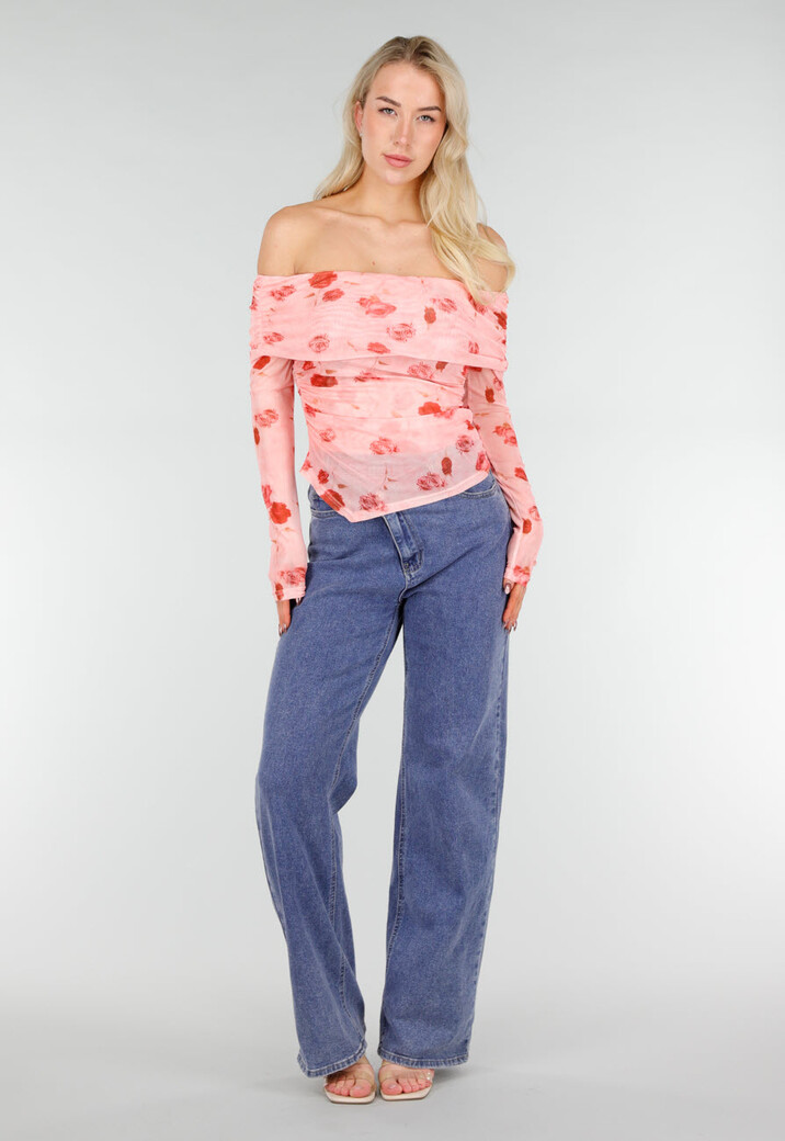 Roze Off Shoulder Mesh Top met Bloemenprint
