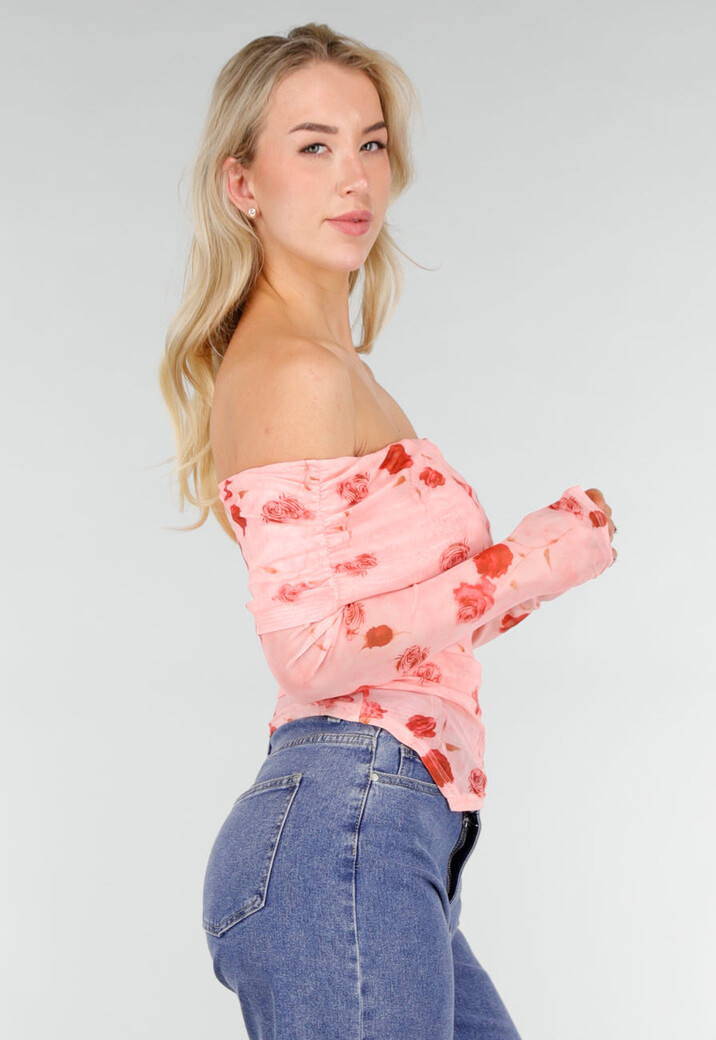 Roze Off Shoulder Mesh Top met Bloemenprint