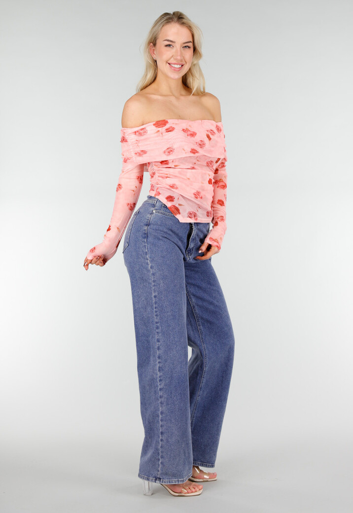 Roze Off Shoulder Mesh Top met Bloemenprint