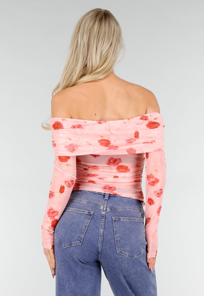 Roze Off Shoulder Mesh Top met Bloemenprint