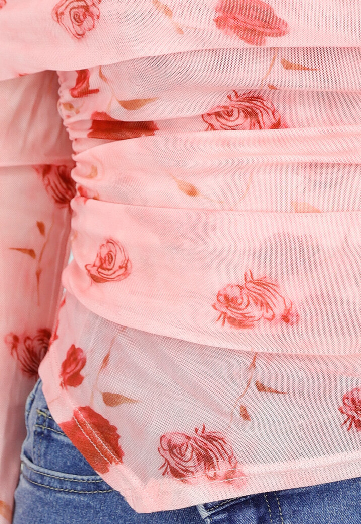 Roze Off Shoulder Mesh Top met Bloemenprint