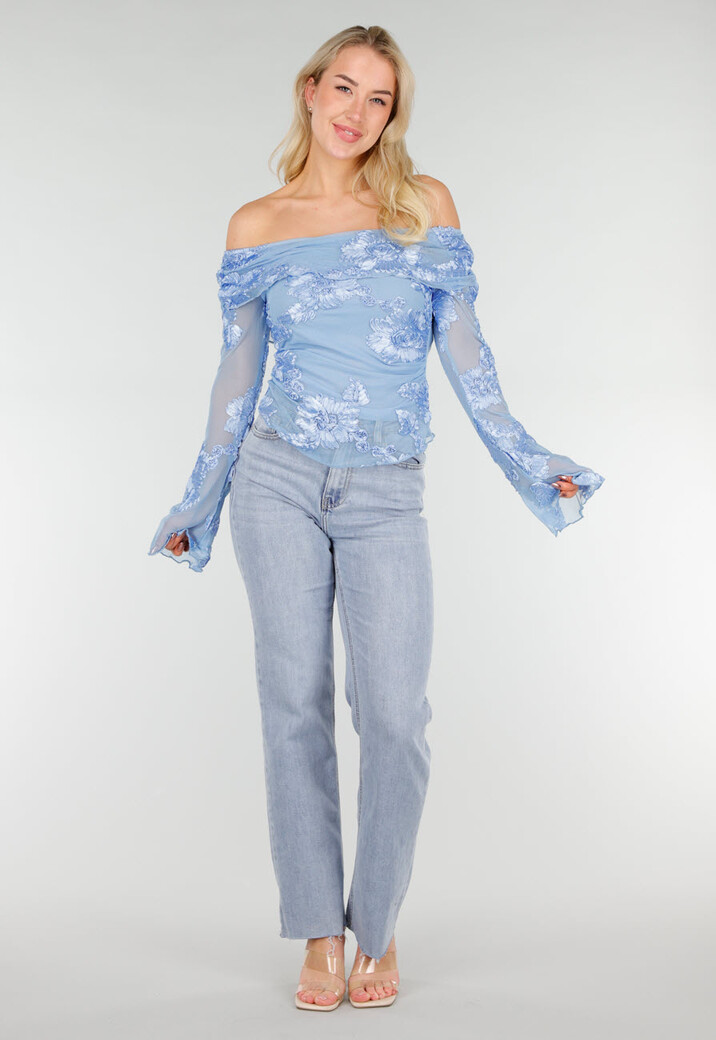 Blauwe Off Shoulder Mesh Top met Bloemen