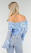 Blauwe Off Shoulder Mesh Top met Bloemen