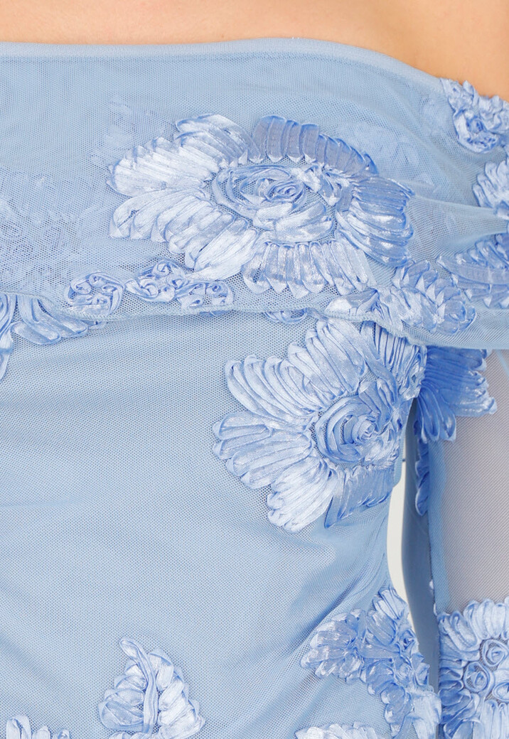 Blauwe Off Shoulder Mesh Top met Bloemen