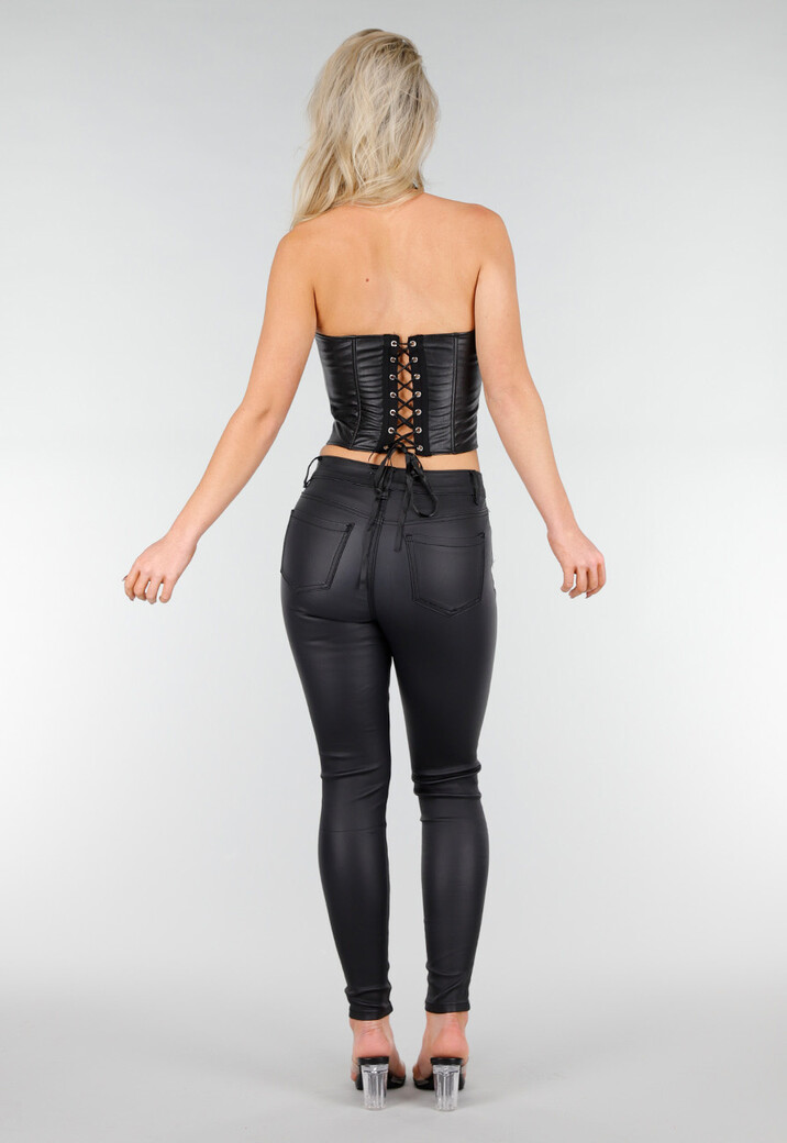 Zwarte Lederlook Corset Top met Rits en Kraag