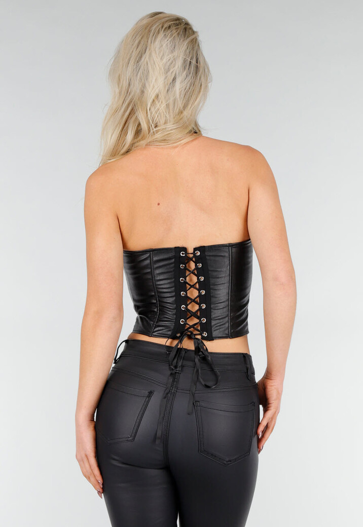 Zwarte Lederlook Corset Top met Rits en Kraag