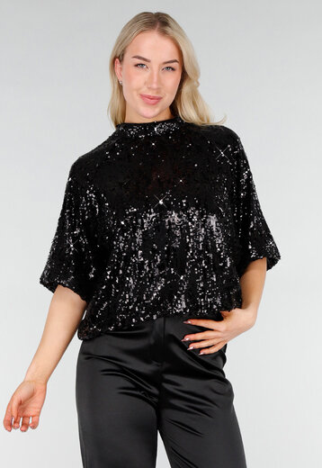 Zwarte Pailletten Top met Korte Mouwen