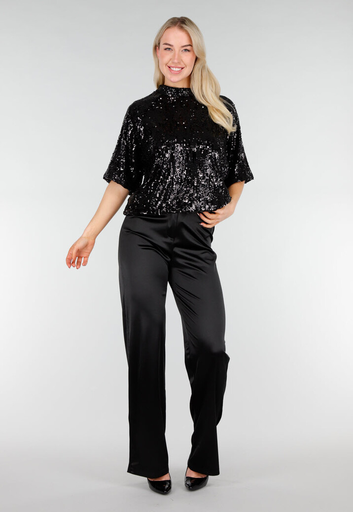 Zwarte Pailletten Top met Korte Mouwen