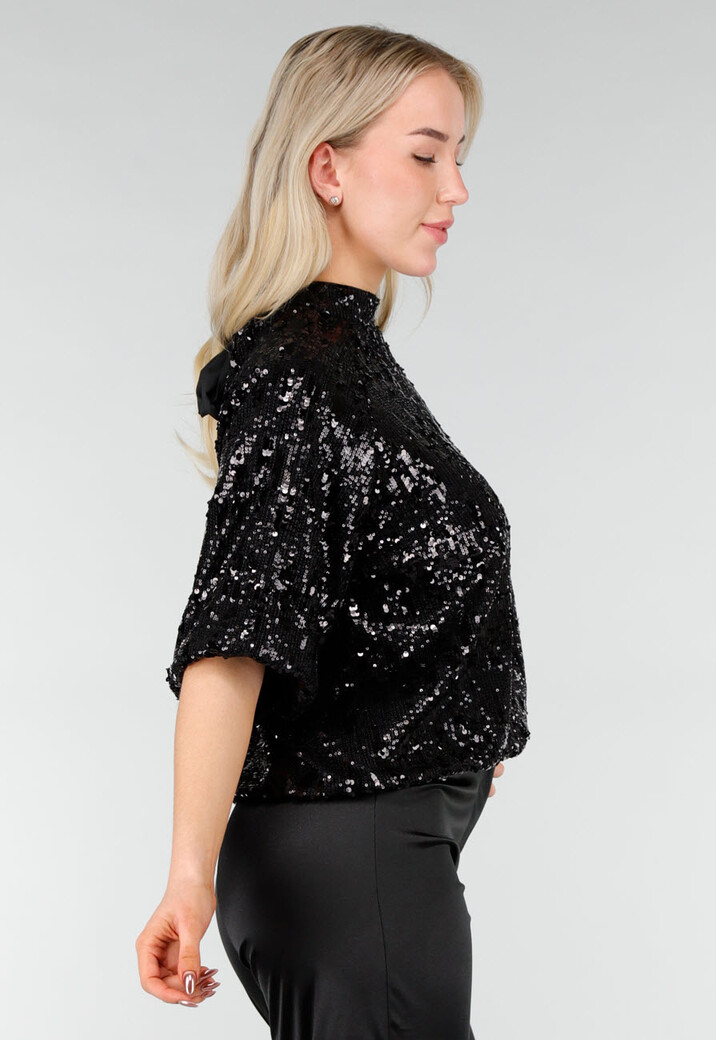Zwarte Pailletten Top met Korte Mouwen