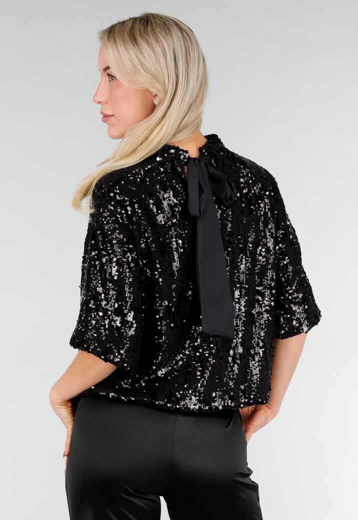 Zwarte Pailletten Top met Korte Mouwen
