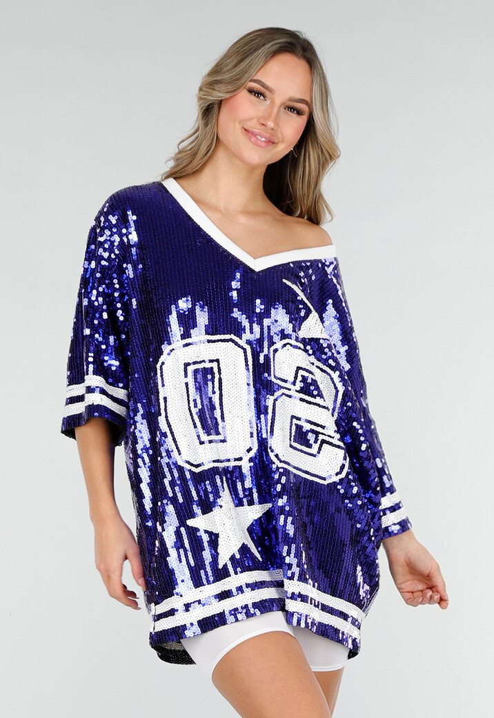 Blauwe Oversized Pailletten Jersey Top met V Hals
