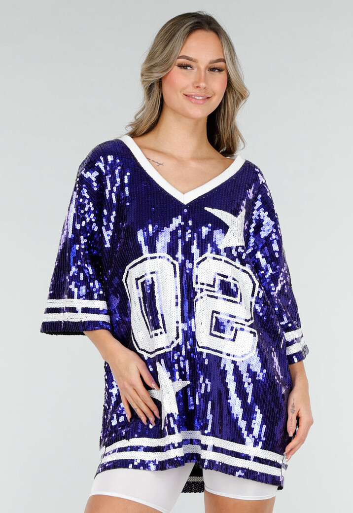 Blauwe Oversized Pailletten Jersey Top met V Hals