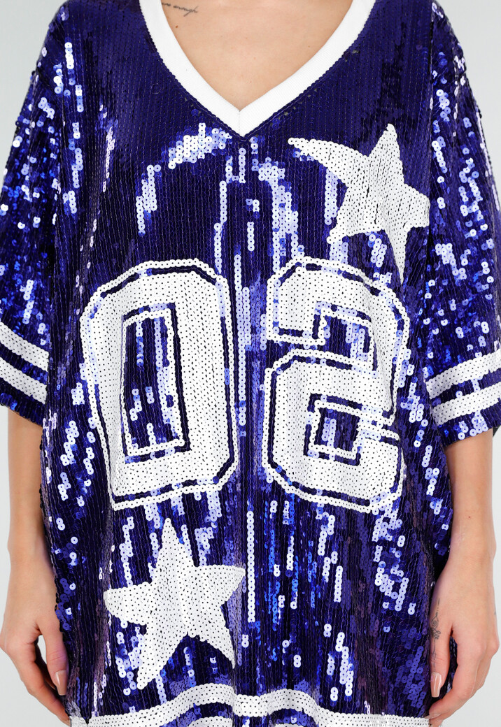 Blauwe Oversized Pailletten Jersey Top met V Hals