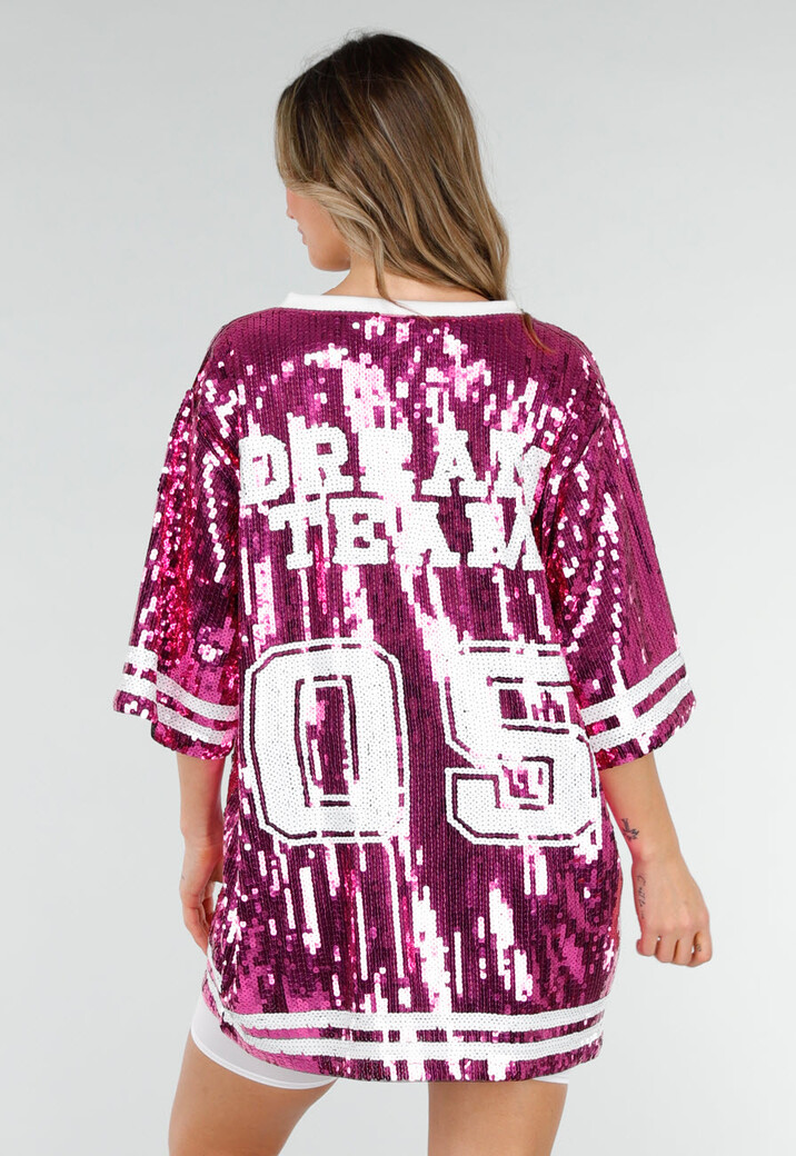 Roze Oversized Pailletten Jersey Top met V Hals