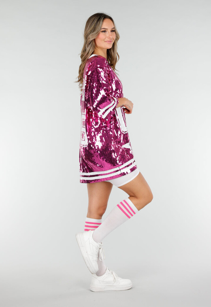 Roze Oversized Pailletten Jersey Top met V Hals