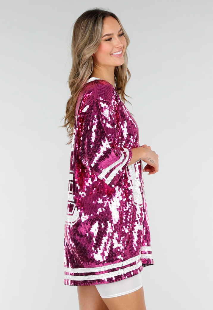 Roze Oversized Pailletten Jersey Top met V Hals