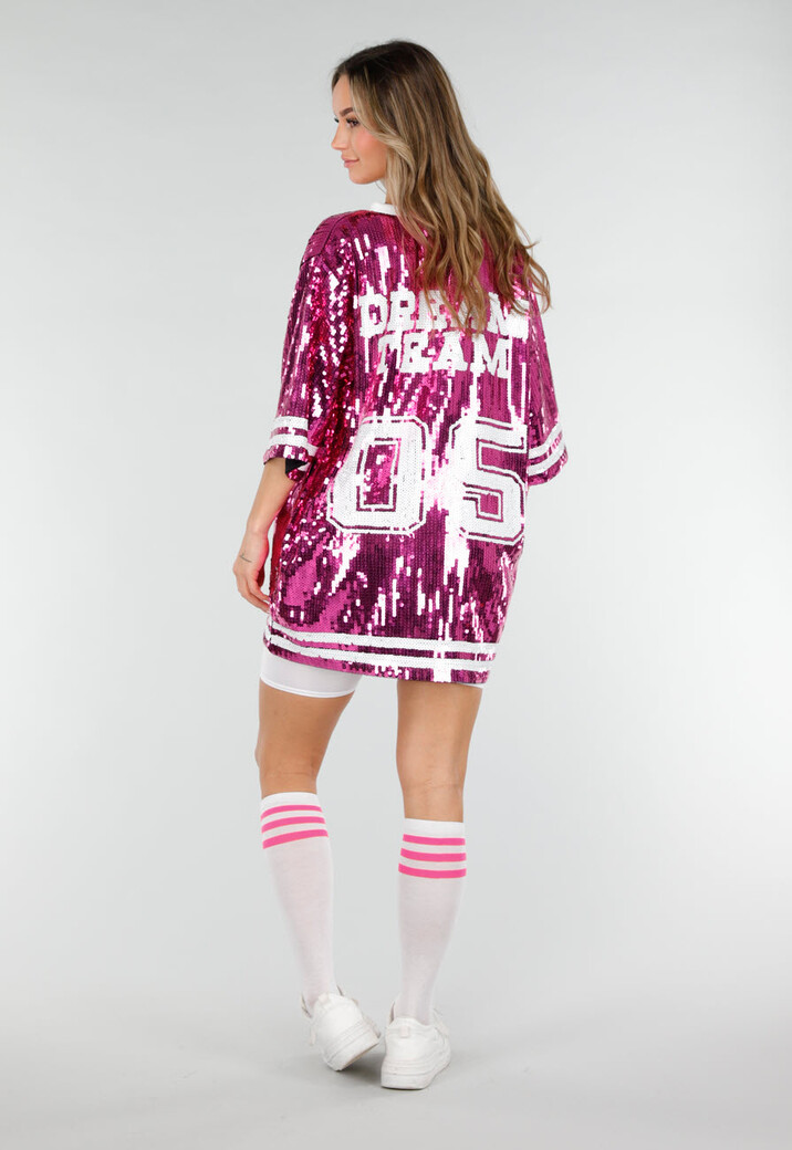 Roze Oversized Pailletten Jersey Top met V Hals