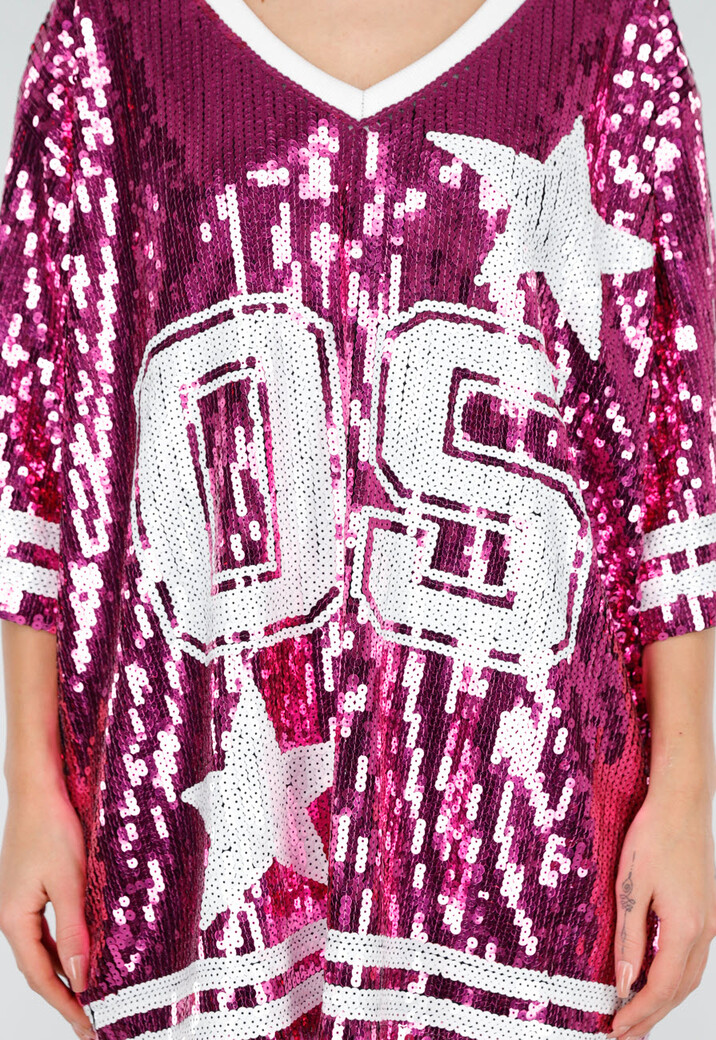 Roze Oversized Pailletten Jersey Top met V Hals