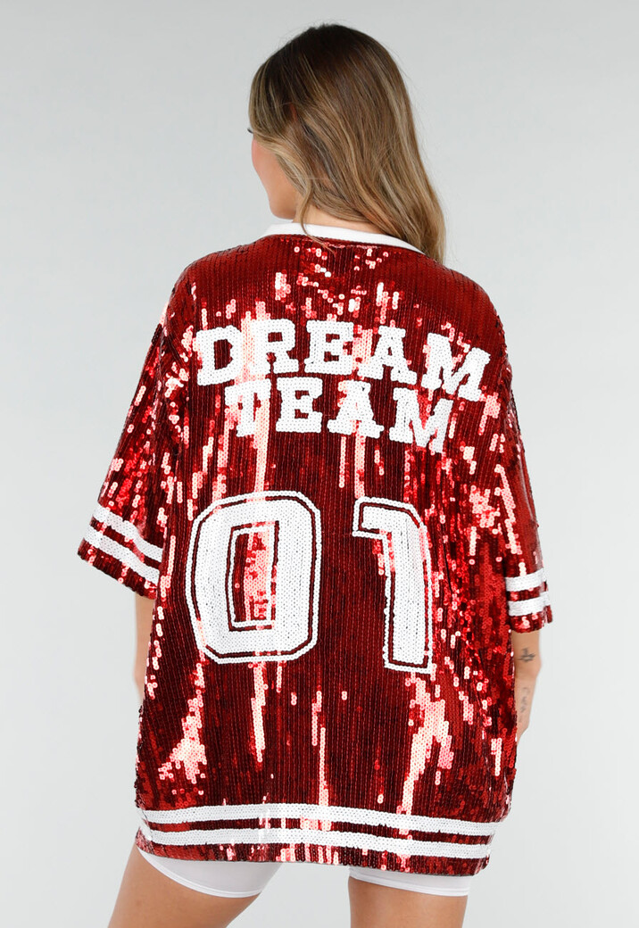 Rode Oversized Pailletten Jersey Top met V Hals