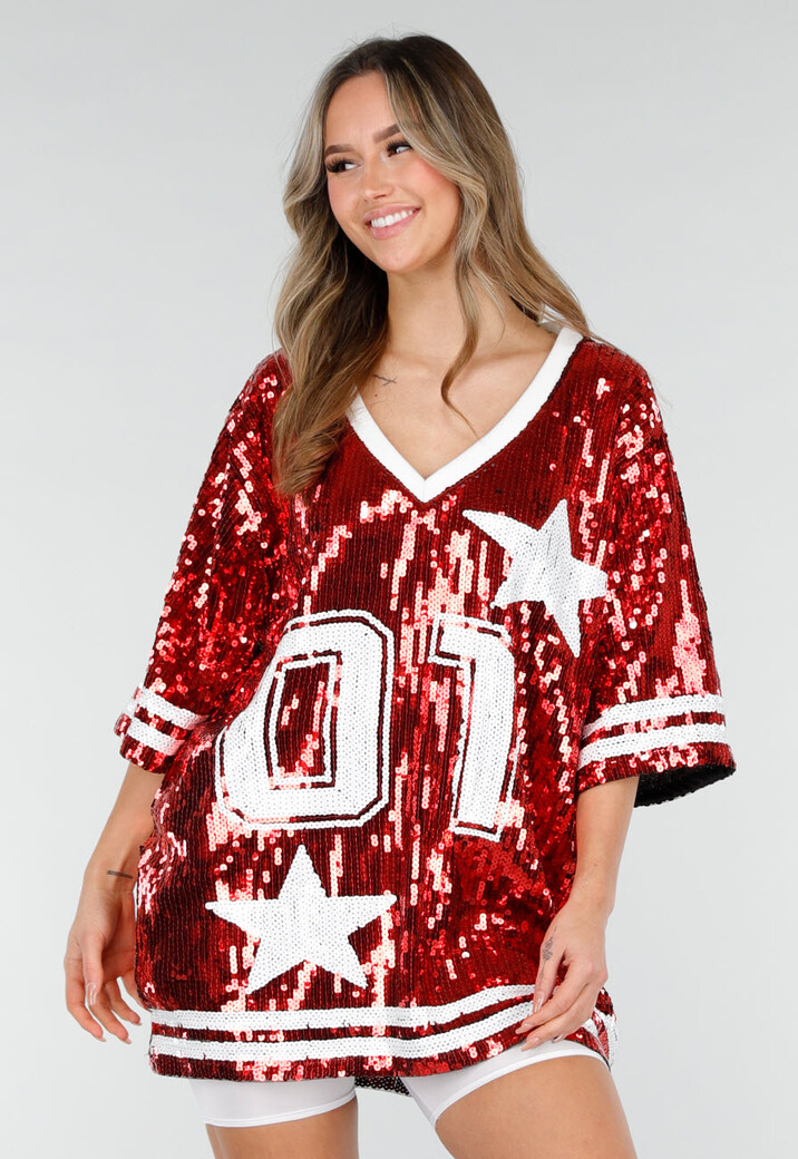 Rode Oversized Pailletten Jersey Top met V Hals