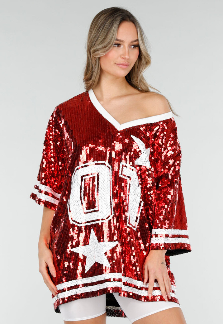 Rode Oversized Pailletten Jersey Top met V Hals