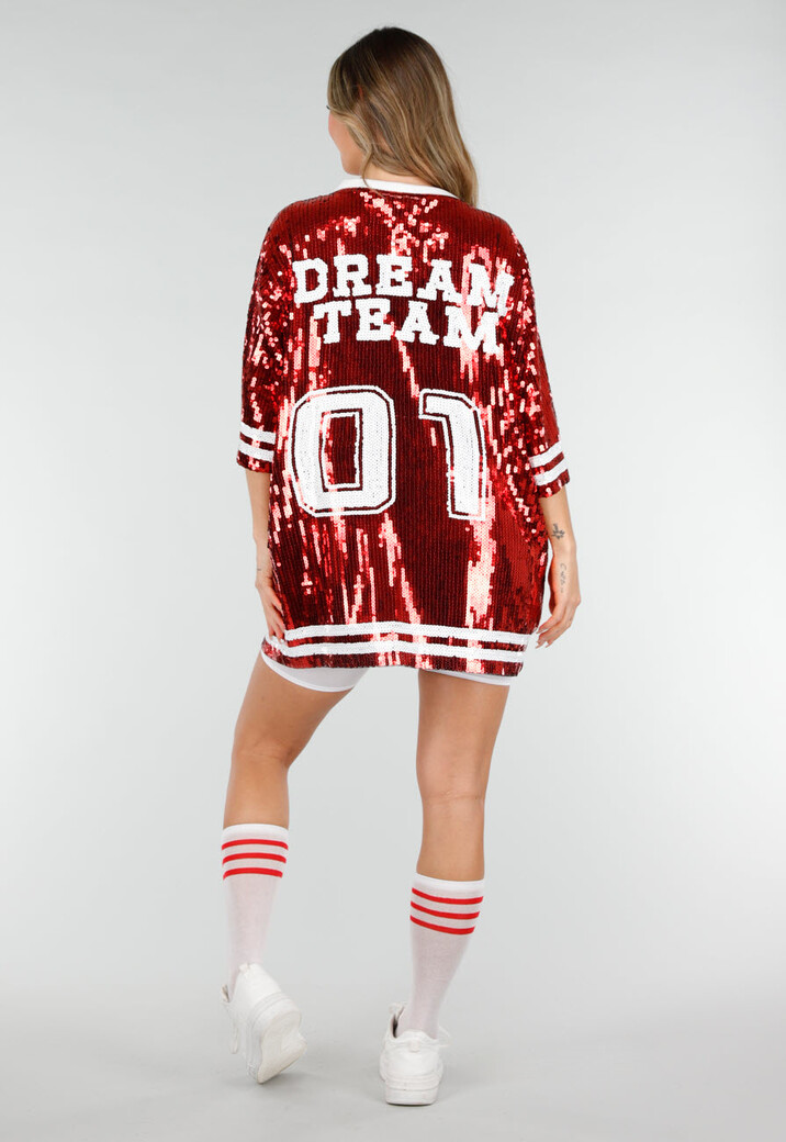 Rode Oversized Pailletten Jersey Top met V Hals