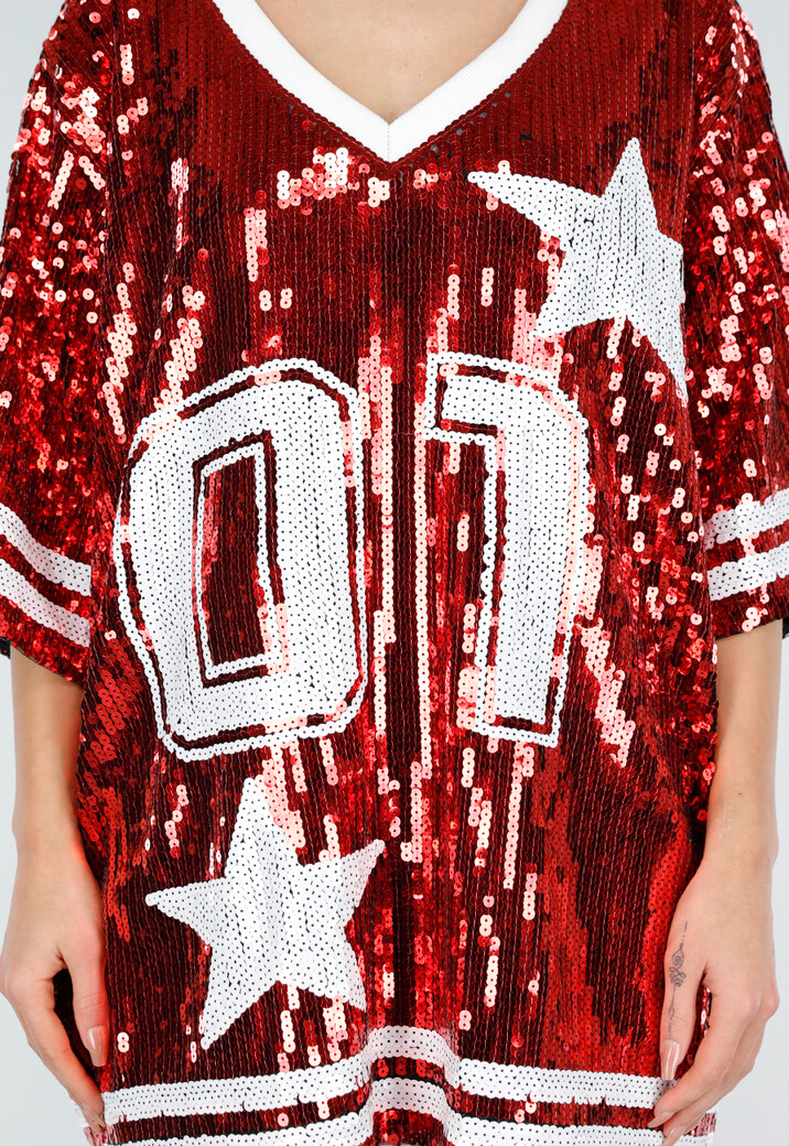 Rode Oversized Pailletten Jersey Top met V Hals