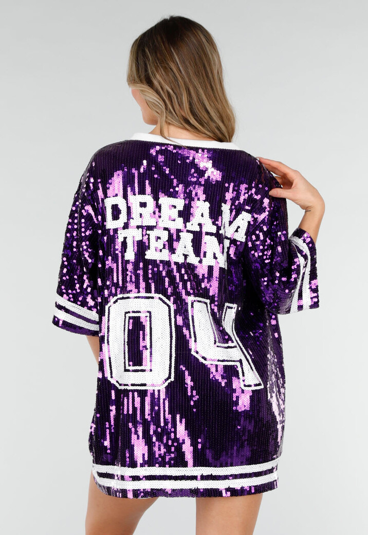 Paarse Oversized Pailletten Jersey Top met V Hals