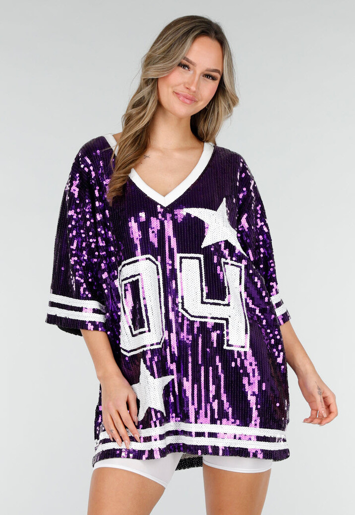 Paarse Oversized Pailletten Jersey Top met V Hals